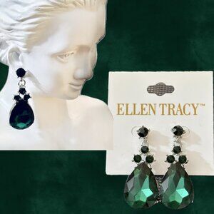 Ellen Tracy Silver-Tone Xmas Green Teardrop Jewel Cluster Accent Stud Earrings